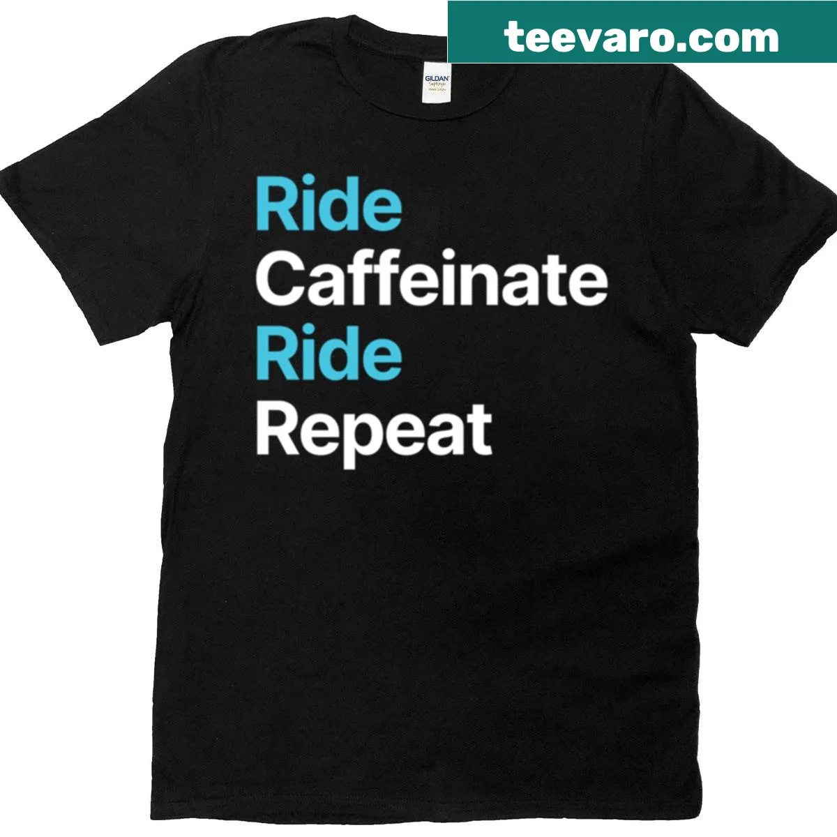 Minimalist T-shirt with Ride Caffeinate Ride Repeat text — on a men's t-shirt