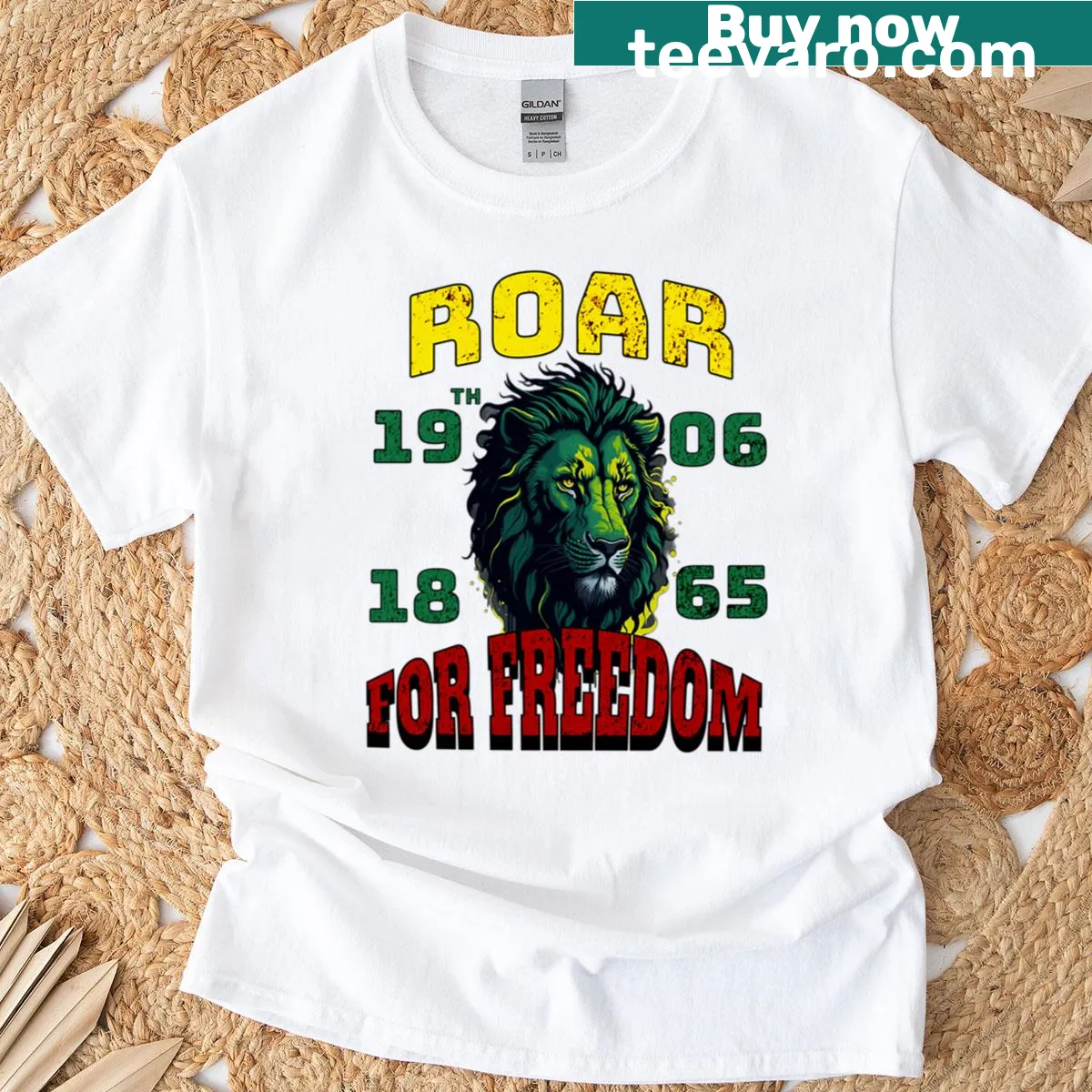 Juneteenth t-shirt featuring bold text 'Roar For Freedom' — on a men's t-shirt