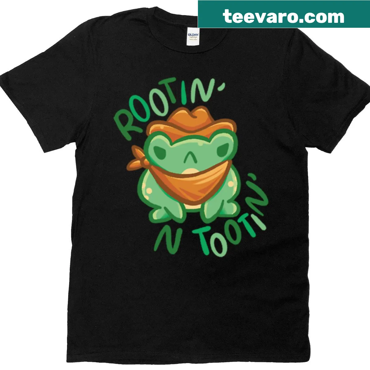 Cartoon frog t-shirt with a humorous rootin and tootin theme — on a men's t-shirt