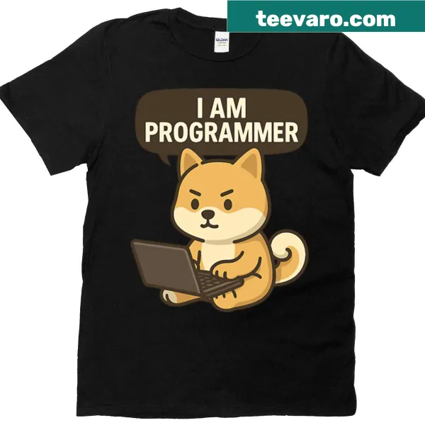 Cartoon Shiba dog in a programmer setting on a T-shirt.