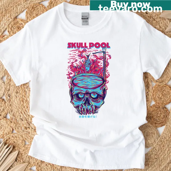 Psychedelic T-shirt featuring a surreal skull pool illustration