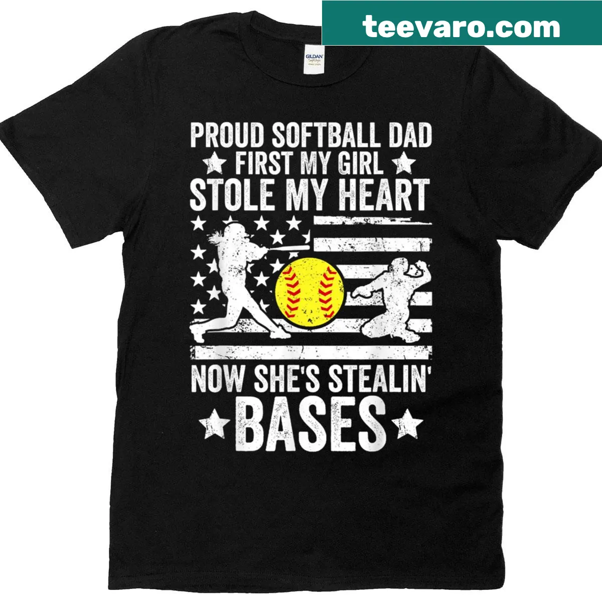 Text design 'Girl Stole My Heart Stealing Bases' for Softball Dad — on a men's t-shirt