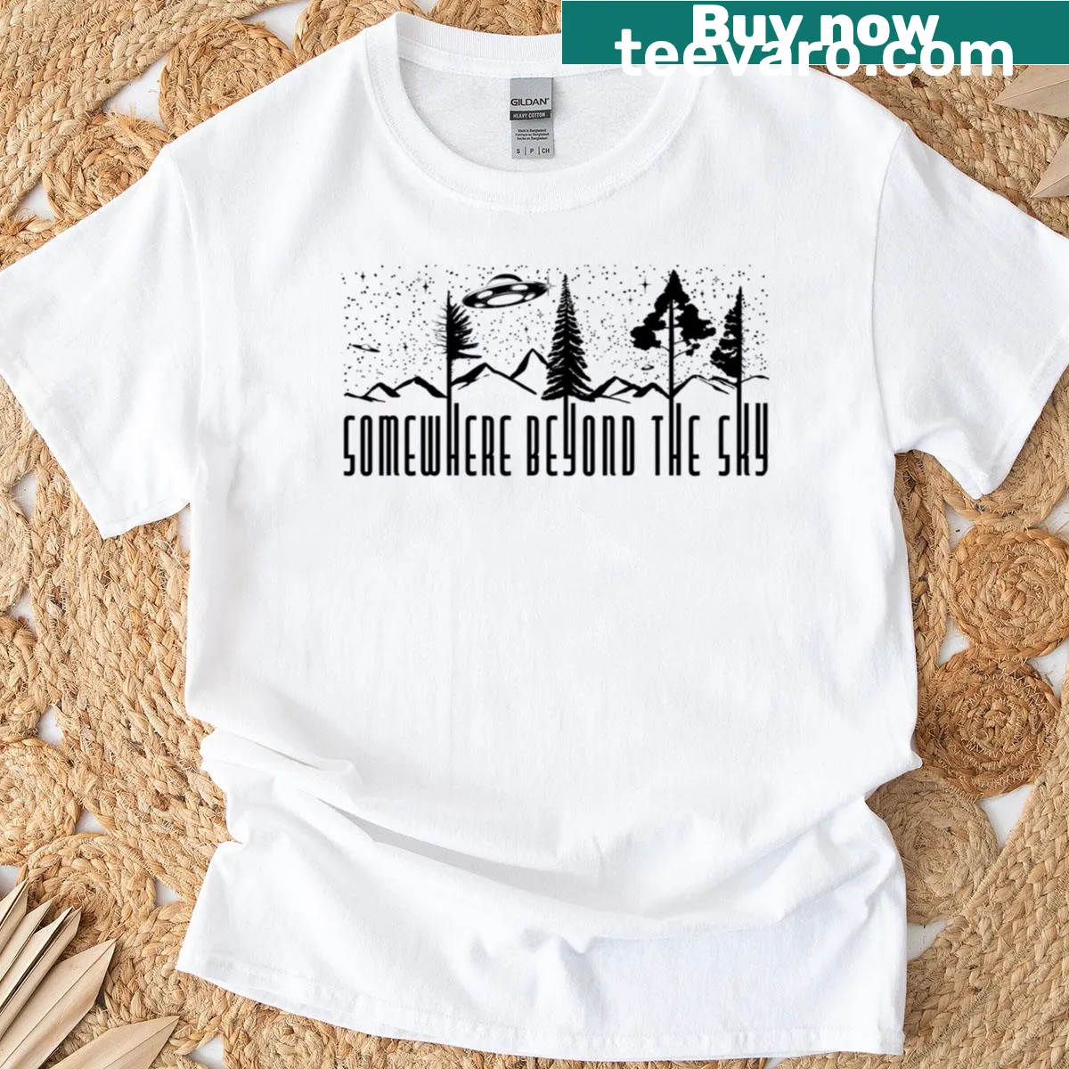 T-shirt with a celestial illustration themed Somewhere Beyond The Sky — on a men's t-shirt