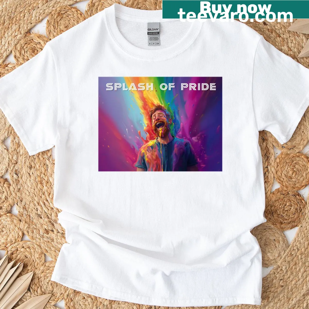 T-shirt featuring a playful splash graphic representing pride — on a men's t-shirt