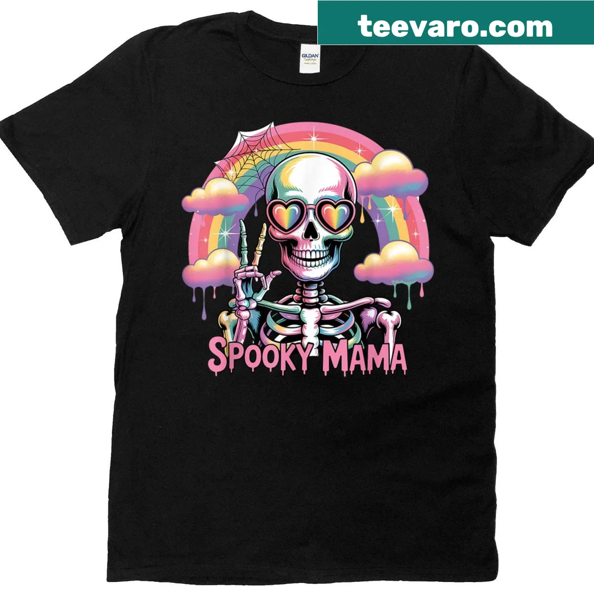Vintage skeleton Halloween tee with peace sign and rainbow design — on a men's t-shirt