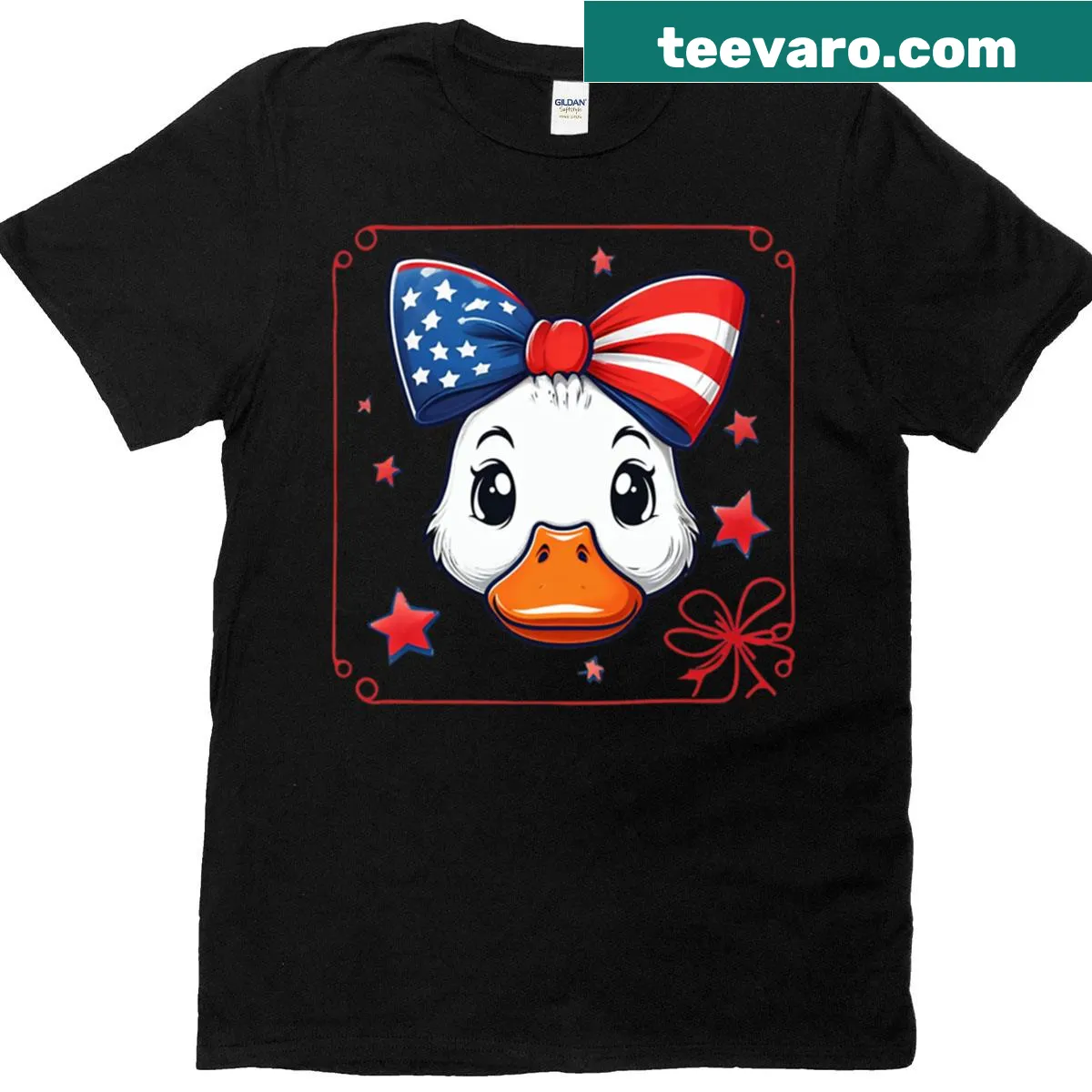 Whimsical patriotic duck with stars and stripes for 4th of July — on a men's t-shirt