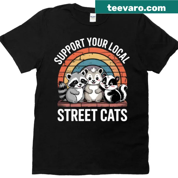 Funny vintage-style T-shirt featuring a raccoon and street cats