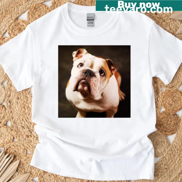 Realistic photo of an English Bulldog's face on a T-shirt.