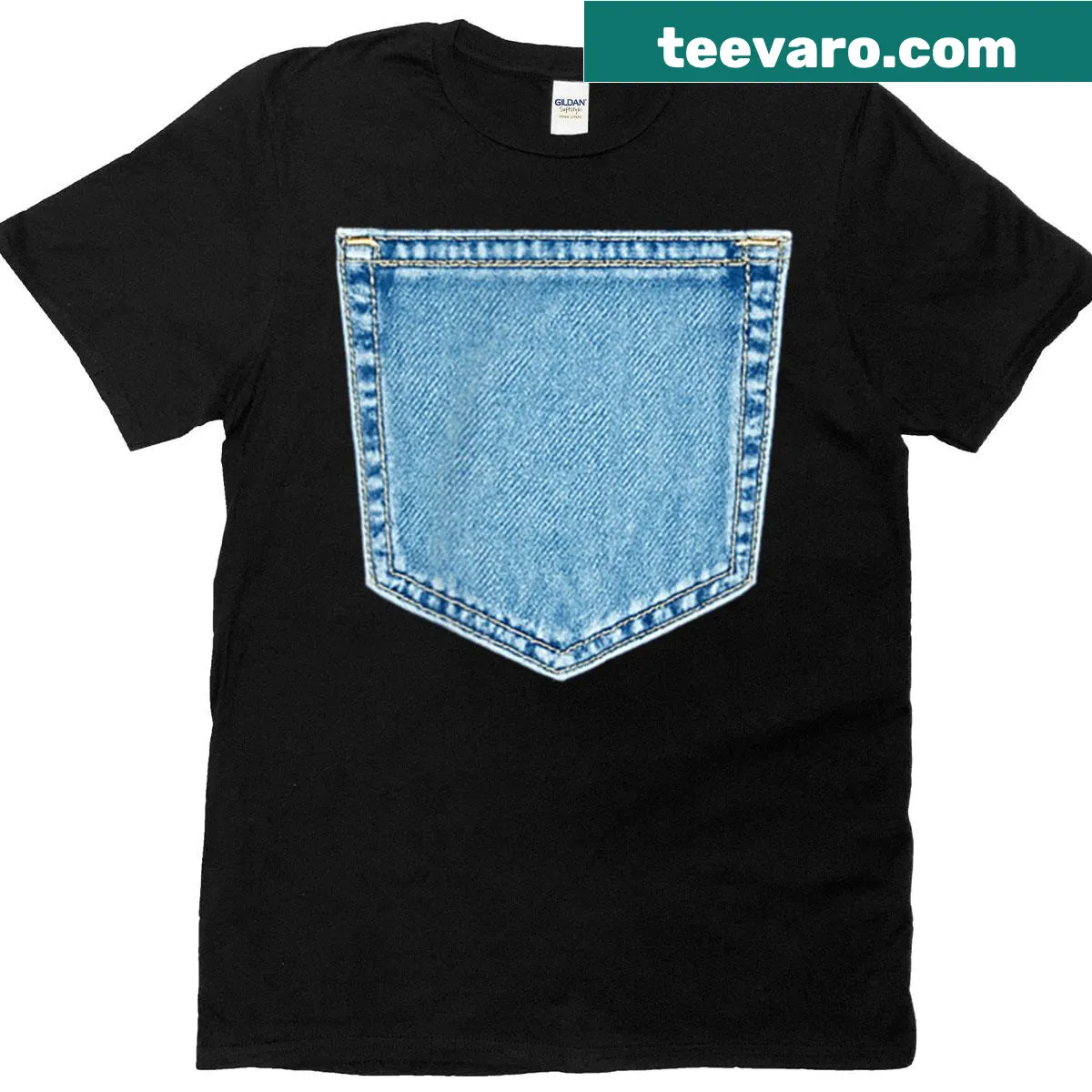 Graphic tee with a fake denim pocket design on a black background — on a men's t-shirt