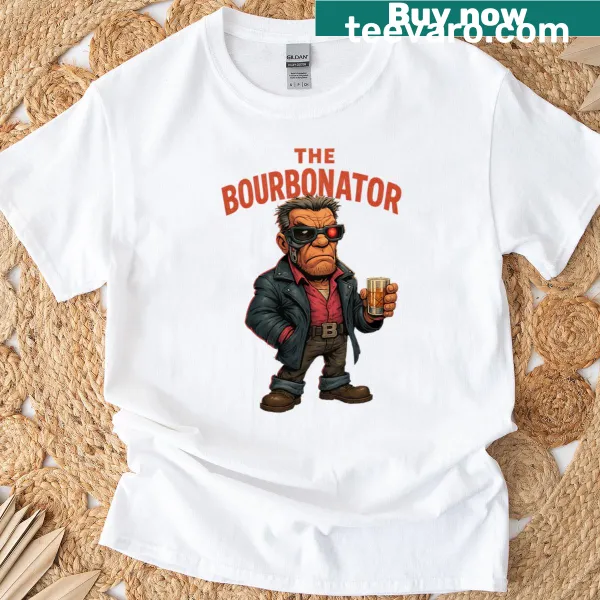 Funny T-shirt featuring the word 'Bourbonator' in playful typography