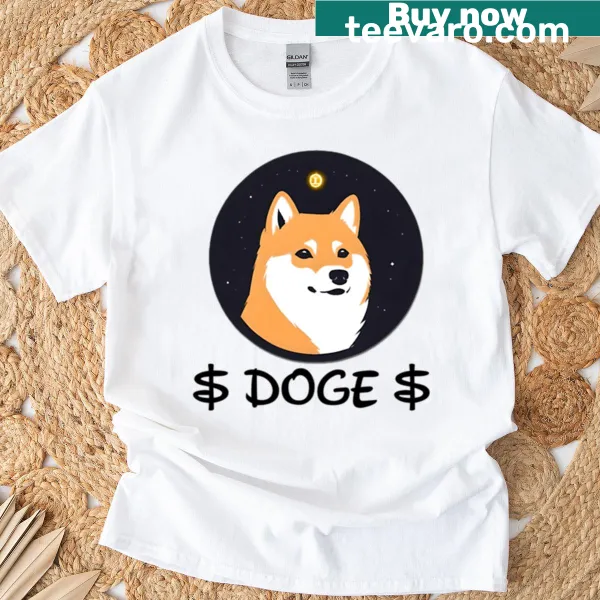 Doge meme graphic on a Dogecoin themed T-shirt.