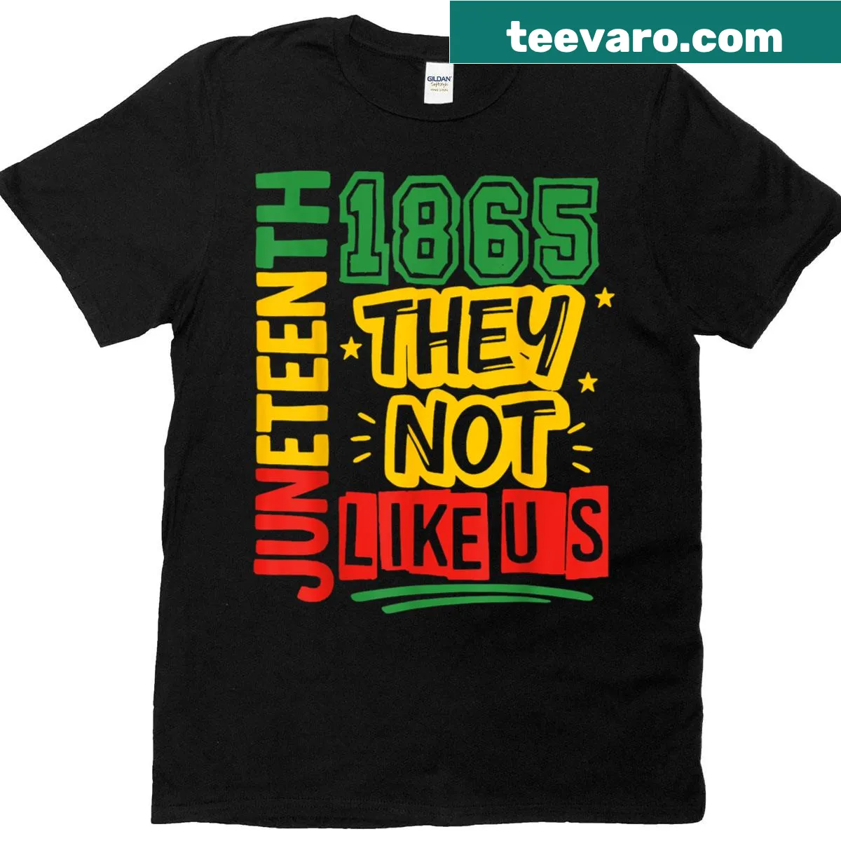 T-shirt commemorating Juneteenth 1865 with bold typography — on a men's t-shirt