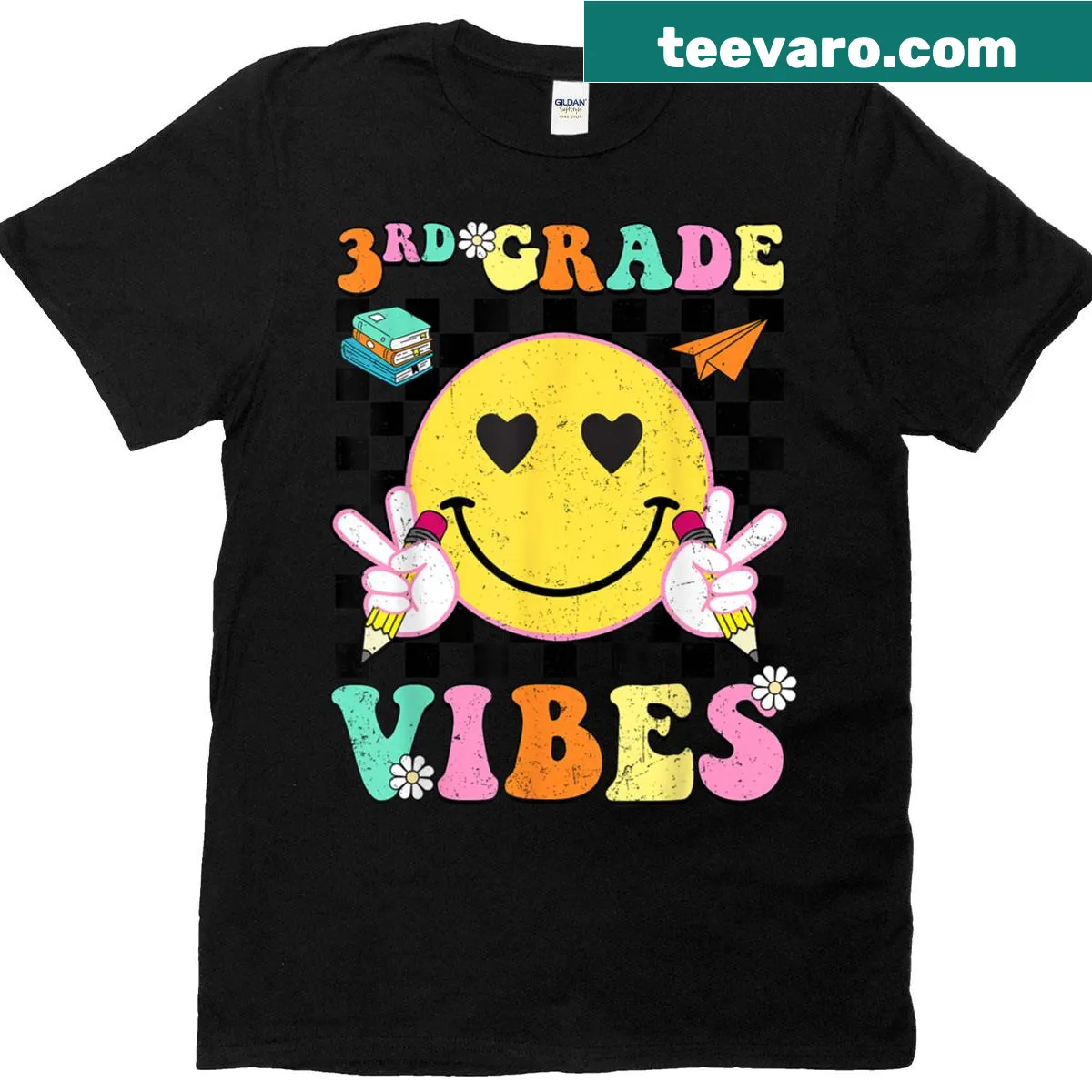 Cheerful teacher t-shirt featuring smiley face design for third graders — on a men's t-shirt