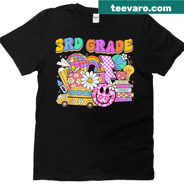 Graphic featuring school supplies for third graders on T-shirt