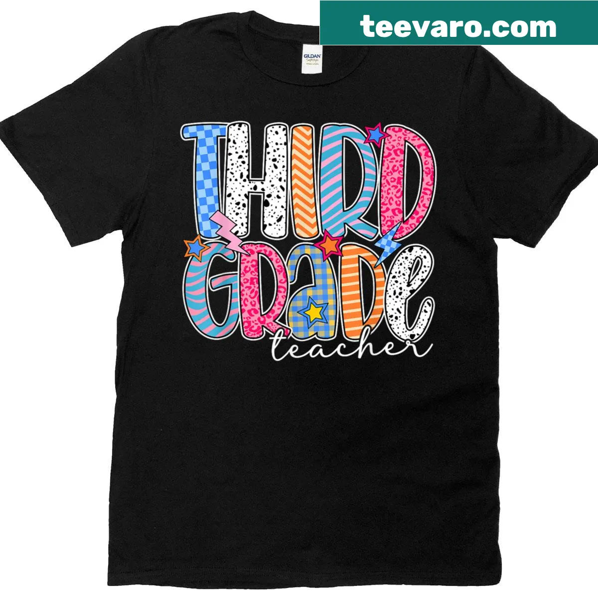 Teacher t-shirt featuring playful typography celebrating third-grade educators — on a men's t-shirt