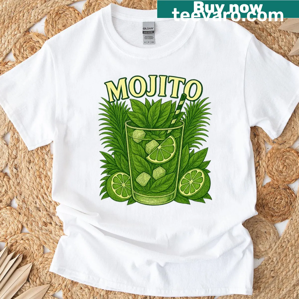 Fitted T-shirt featuring humorous typography about mojitos — on a men's t-shirt