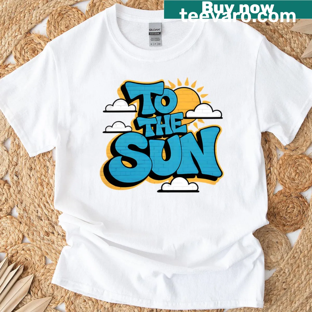 T-shirt with spray-painted text 'To The Sun' for positive energy — on a men's t-shirt