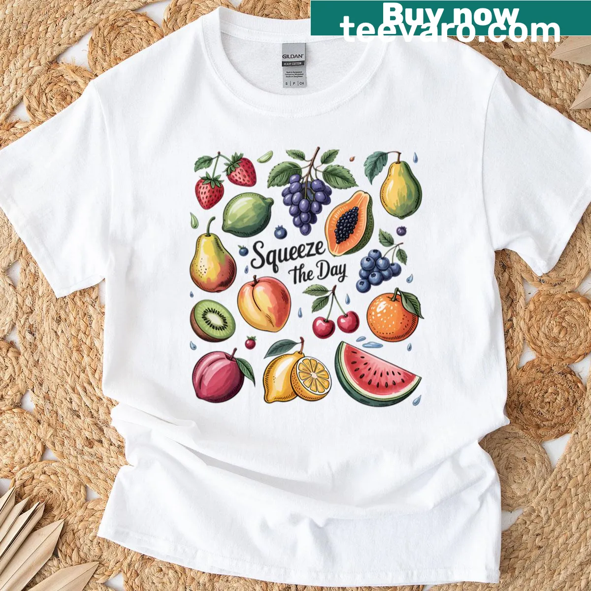 T-shirt with a grid design of various tropical fruits — on a men's t-shirt