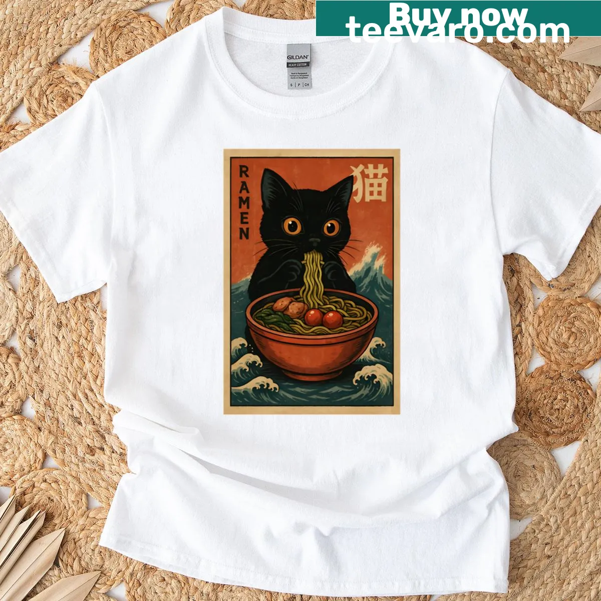 Cute T-shirt with a cat enjoying ramen in anime style — on a men's t-shirt