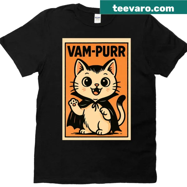 Oversized t-shirt featuring a cute vampire cat in retro comic style