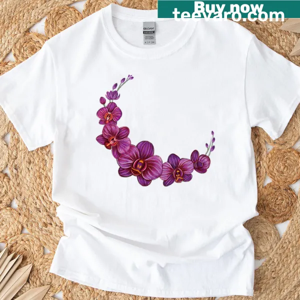 Orchid branch illustration t-shirt featuring detailed floral artwork