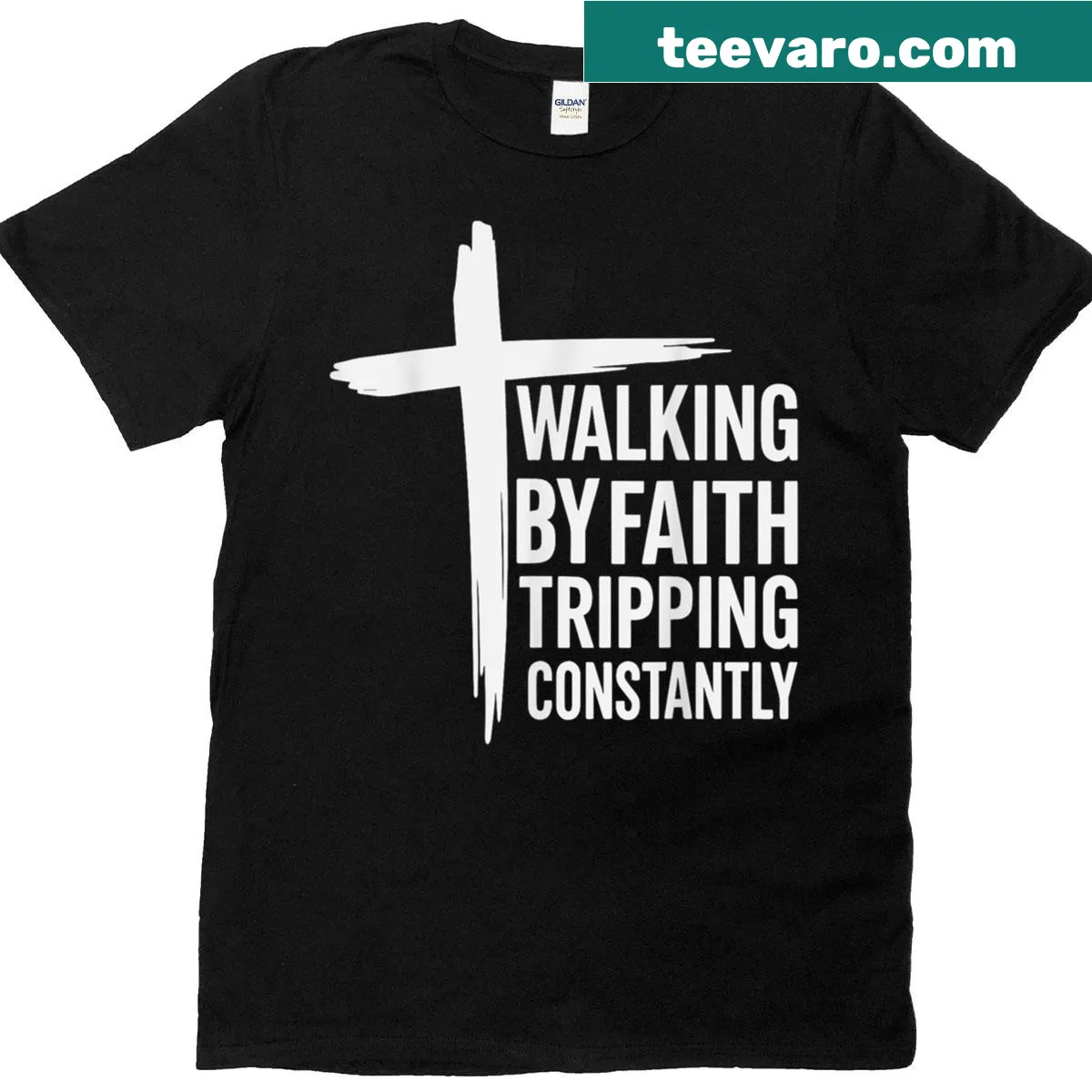 Inspirational t-shirt with faith-themed words about walking by faith — on a men's t-shirt