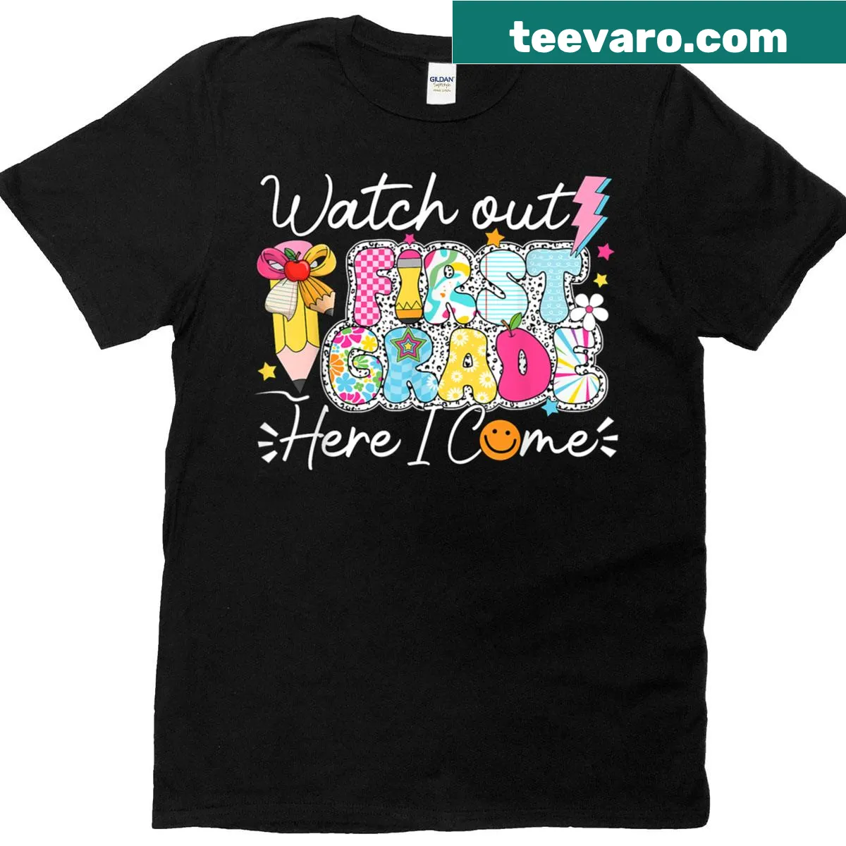 First grade back-to-school t-shirt with bold text — on a men's t-shirt
