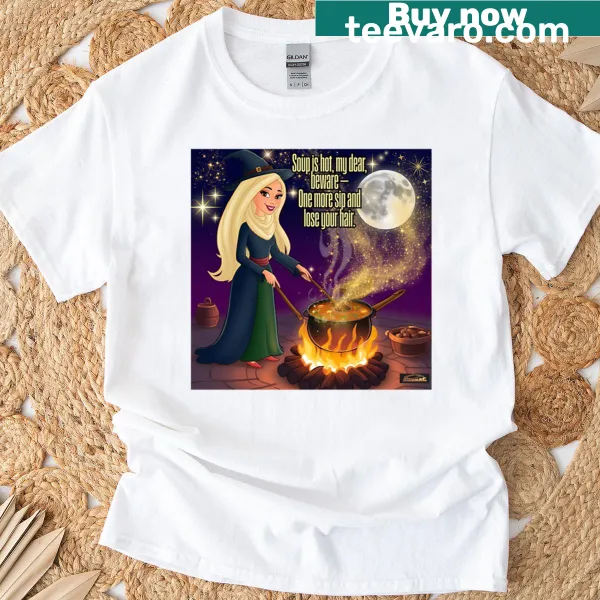 Whimsical witches in love illustration on a casual t-shirt