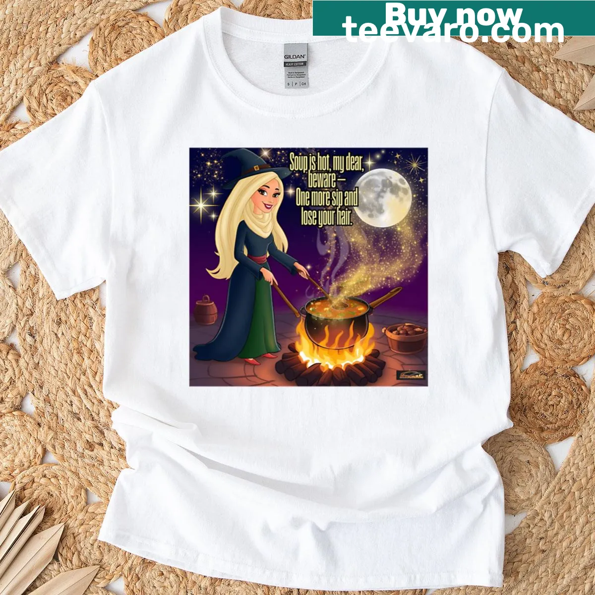 Whimsical witches in love illustration on a casual t-shirt — on a men's t-shirt