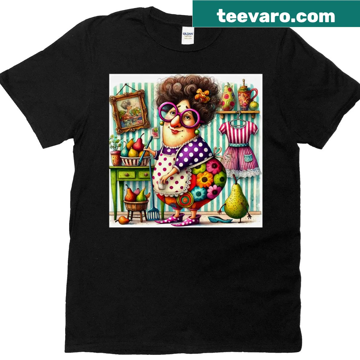 Whimsical granny housekeeping design t-shirt — on a men's t-shirt