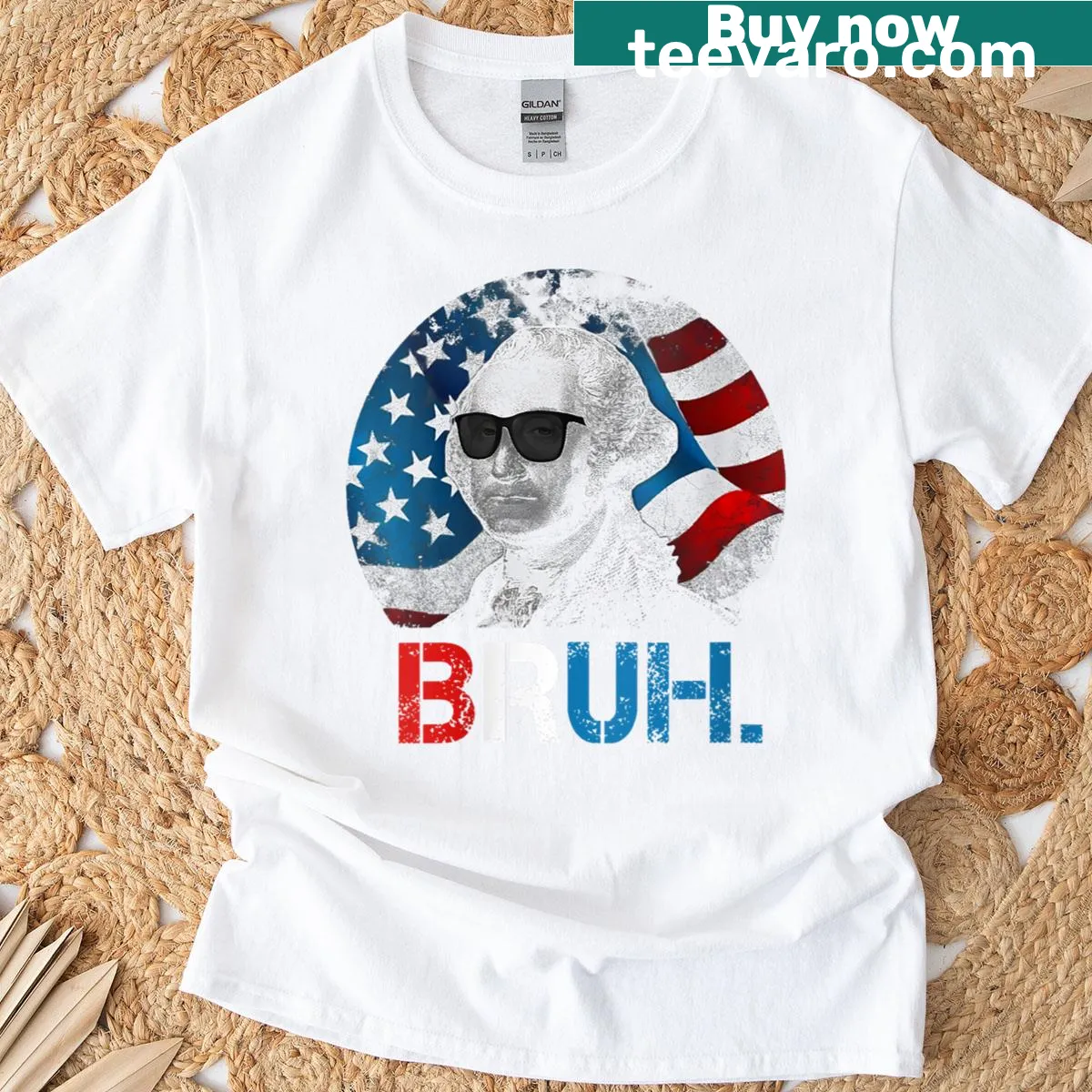 Cartoon illustration of George Washington with 'bruh' caption for Fourth of July — on a men's t-shirt
