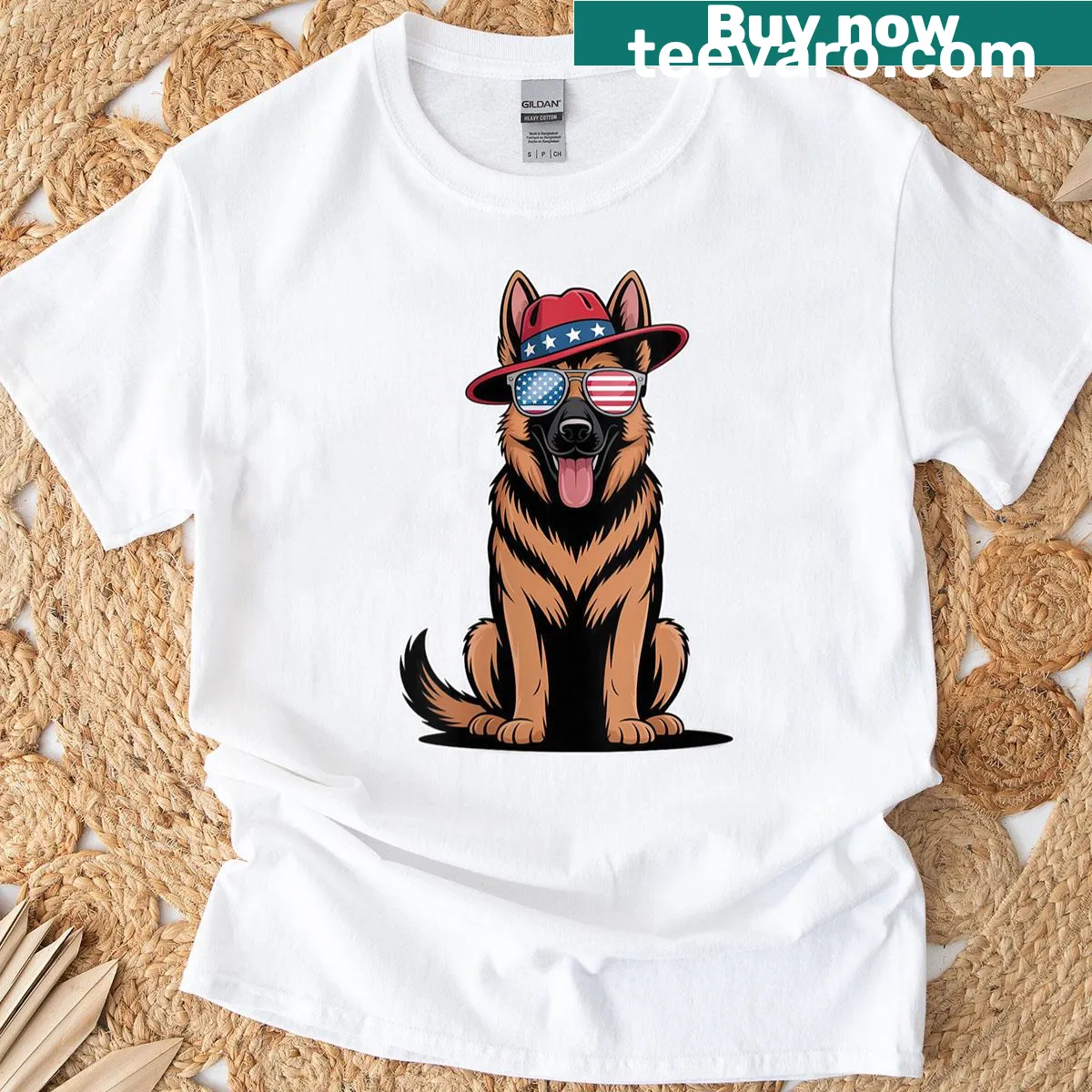 German Shepherd with USA flag graphic for Fourth of July celebration — on a men's t-shirt