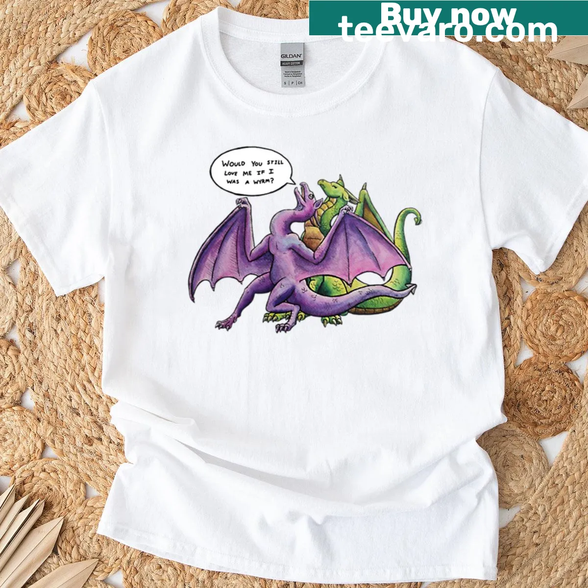 Playful cartoon wyrm illustration with humorous text — on a men's t-shirt