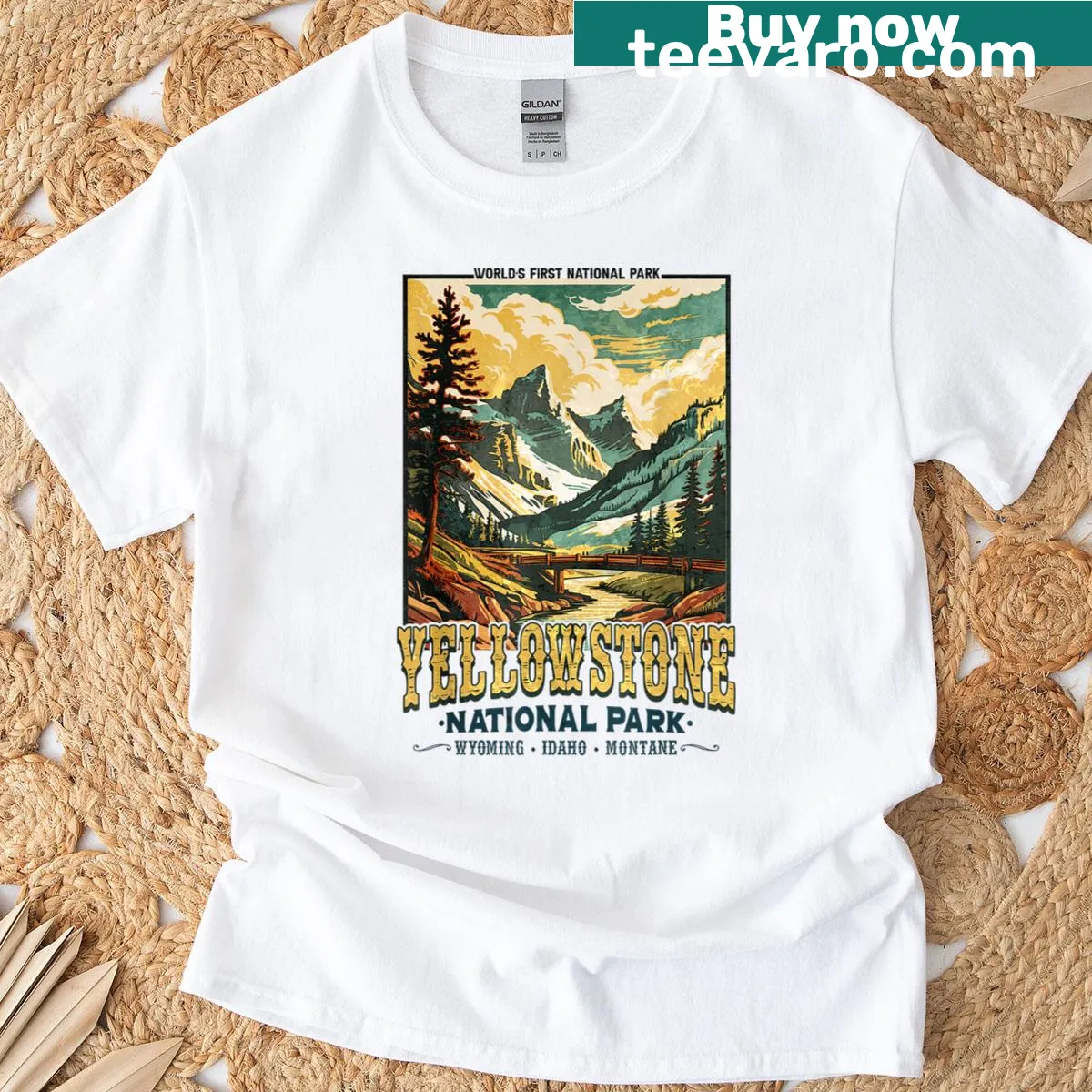 Illustrated Yellowstone Road Trip T-shirt for family adventures — on a men's t-shirt