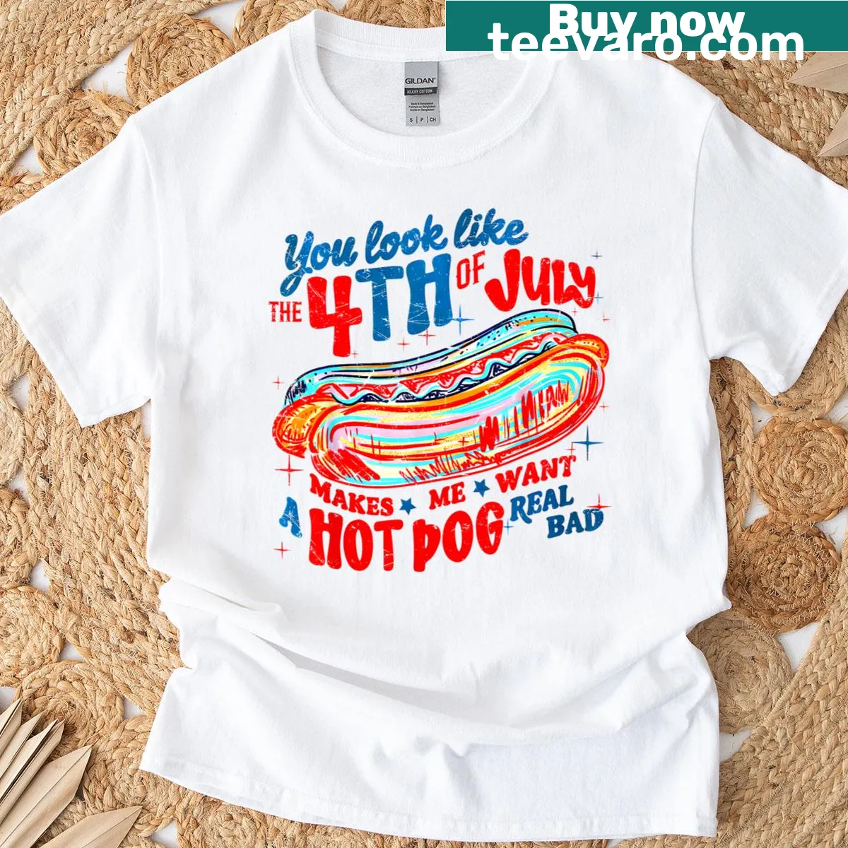 Humorous Fourth of July T-shirt about hot dogs — on a men's t-shirt