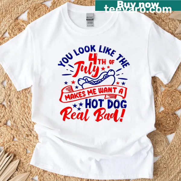 Playful Fourth of July T-shirt with text about hotdogs