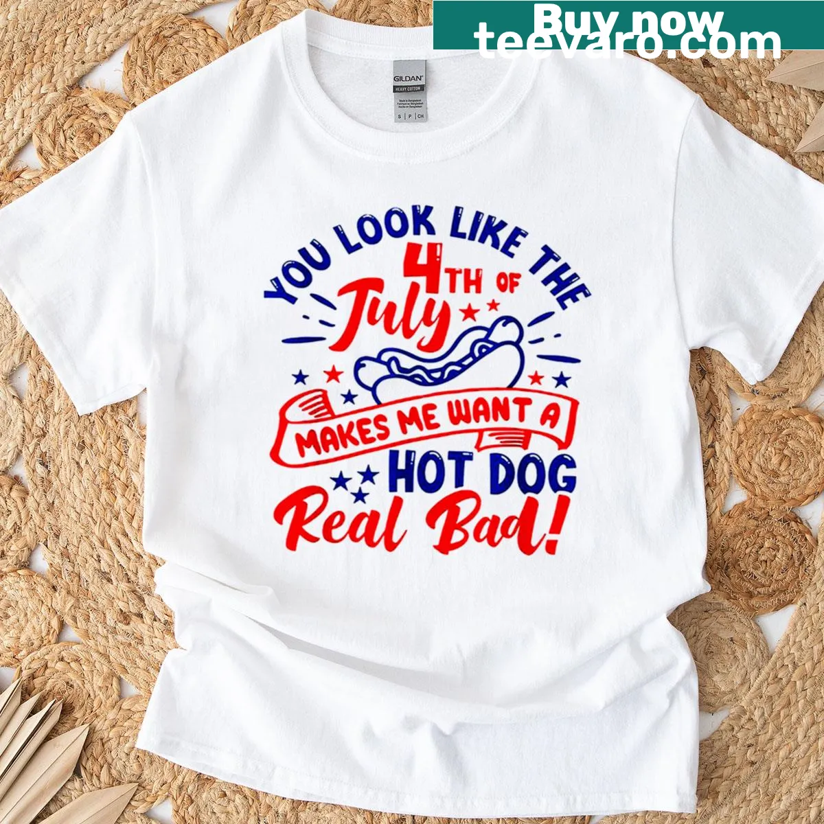 Playful Fourth of July T-shirt with text about hotdogs — on a men's t-shirt