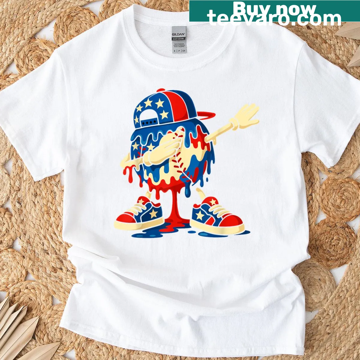 Playful dabbing boy in baseball gear with an ice cream cone for 4th of July — on a men's t-shirt