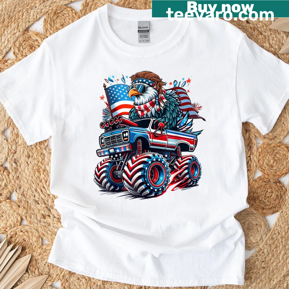 Bald eagle graphic with American flag for Fourth of July — on a men's t-shirt