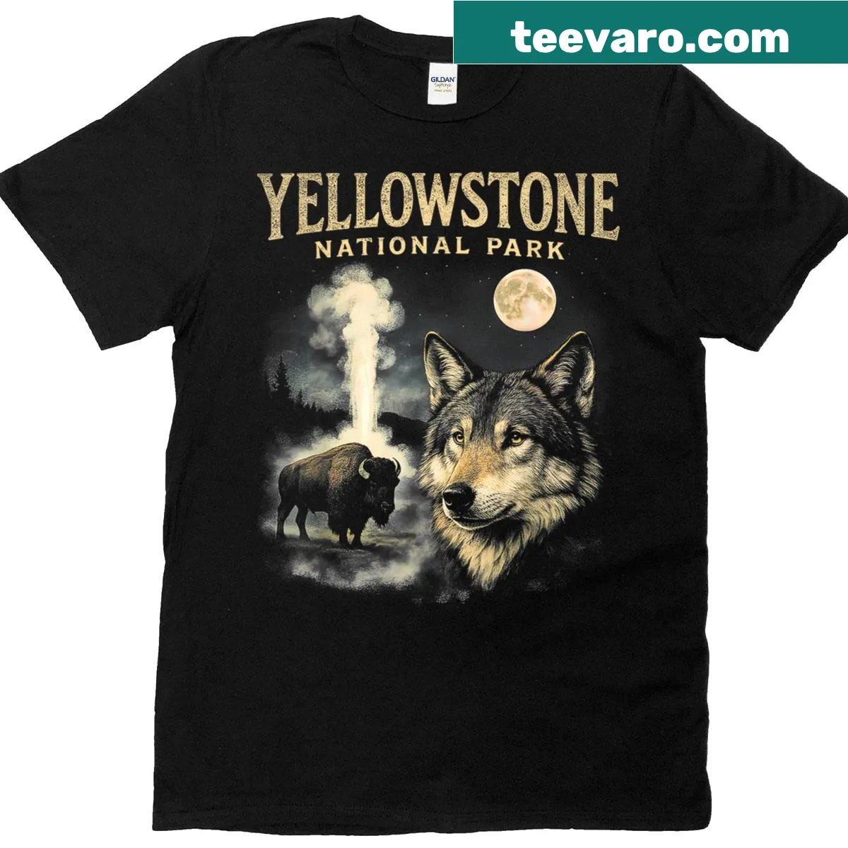 Vintage Yellowstone National Park t-shirt featuring wolf and bison — on a men's t-shirt