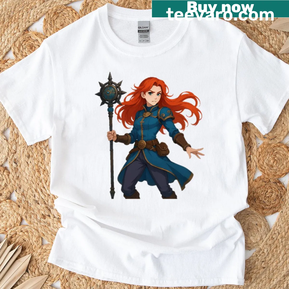 Illustrative T-shirt featuring a red-haired girl warrior design — on a men's t-shirt