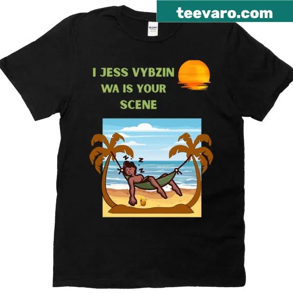 T-shirt featuring a tropical beach scene illustration