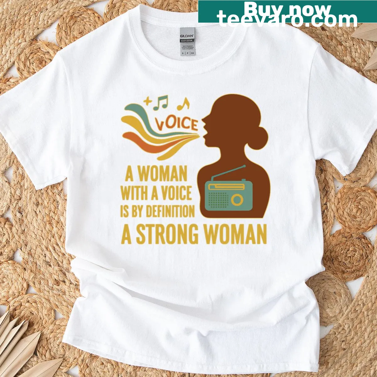Inspirational T-shirt with 'A Woman With A Voice Is Strong' typography — on a men's t-shirt