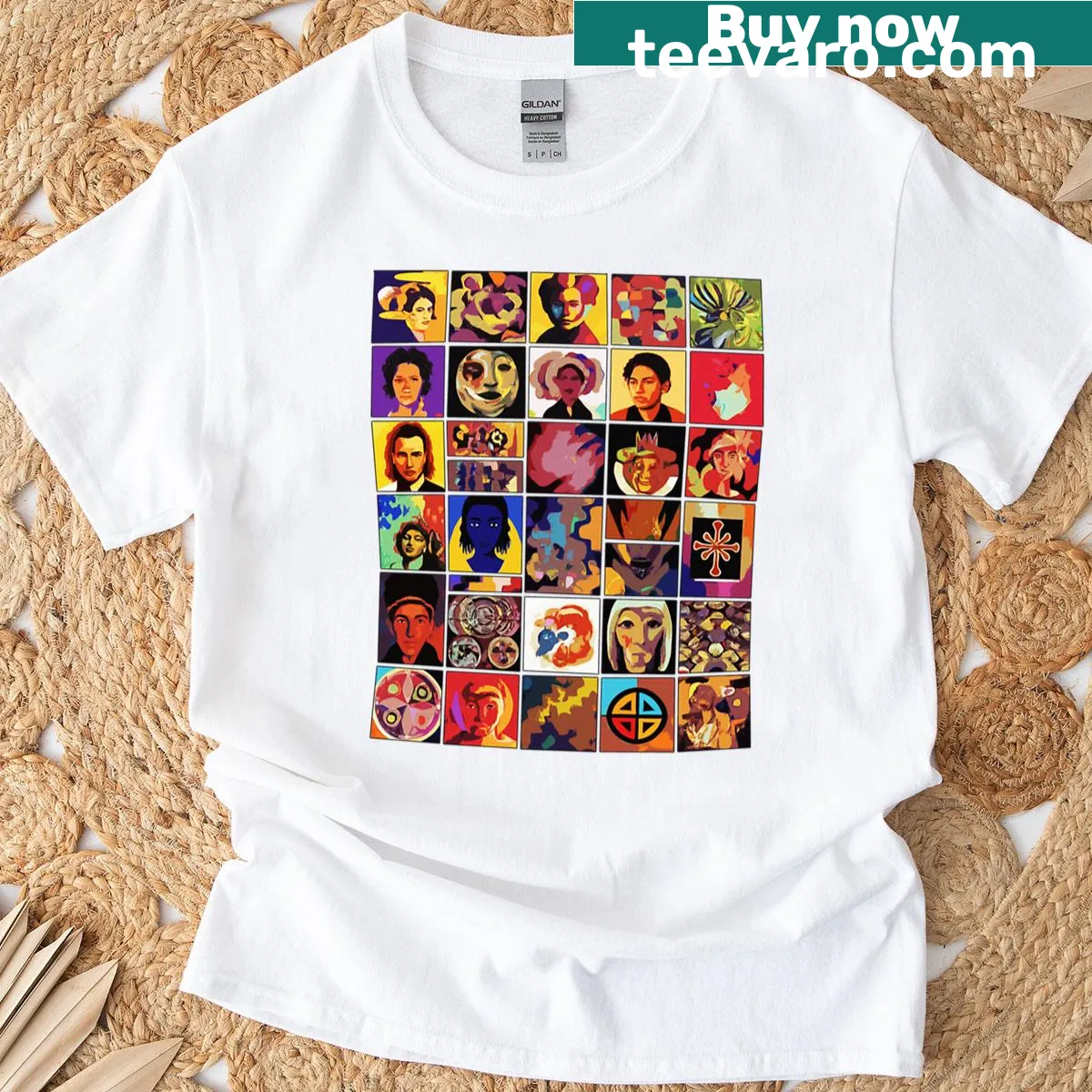 T-shirt with an abstract portrait grid design featuring artistic faces. — on a men's t-shirt