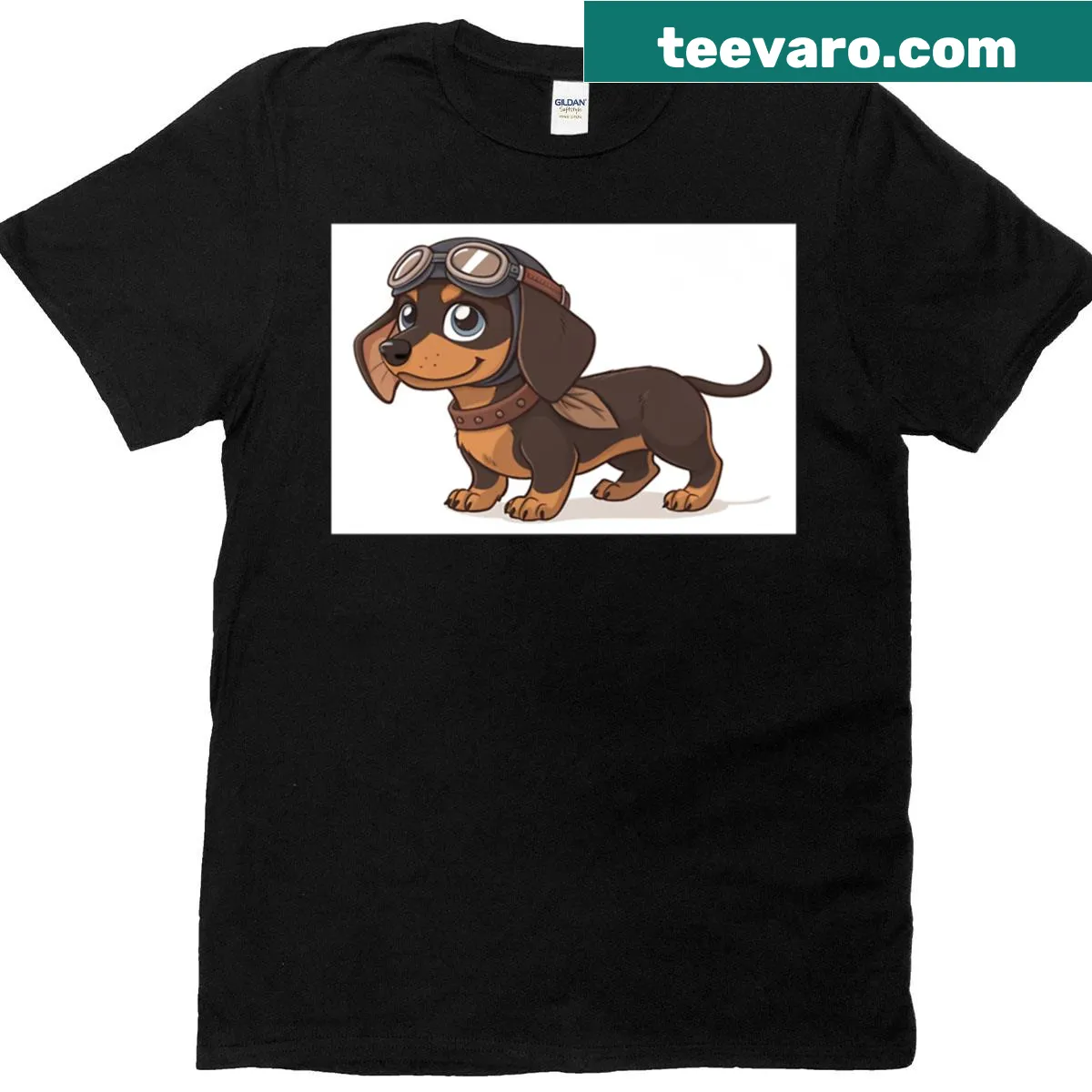 Cartoon dachshund puppy in aviator goggles illustration on a T-shirt — on a men's t-shirt