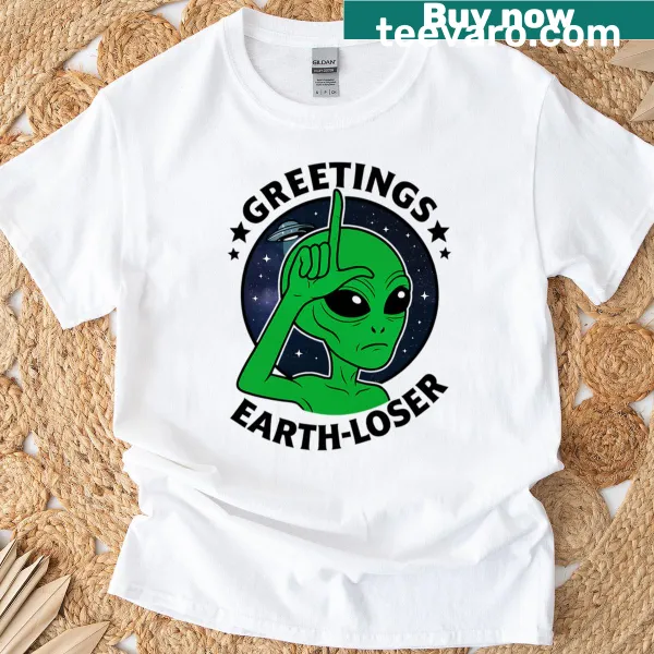 Cartoon alien graphic T-shirt with UFO and stars