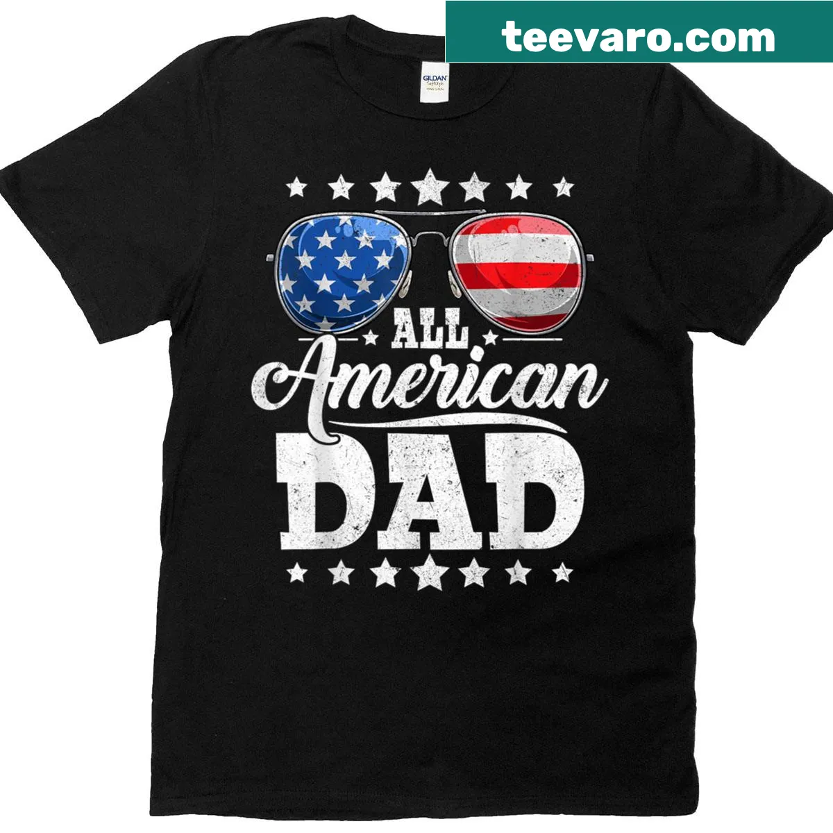 Sentimental t-shirt for dads featuring 'All American Dad' and sunglasses — on a men's t-shirt