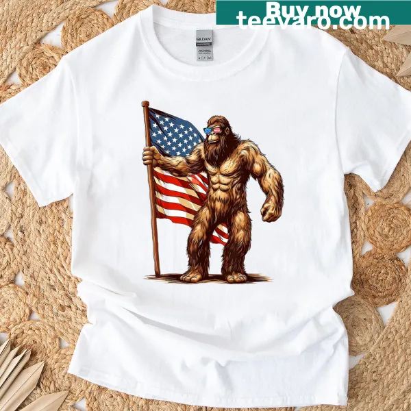 Bigfoot with sunglasses on an American flag T-shirt