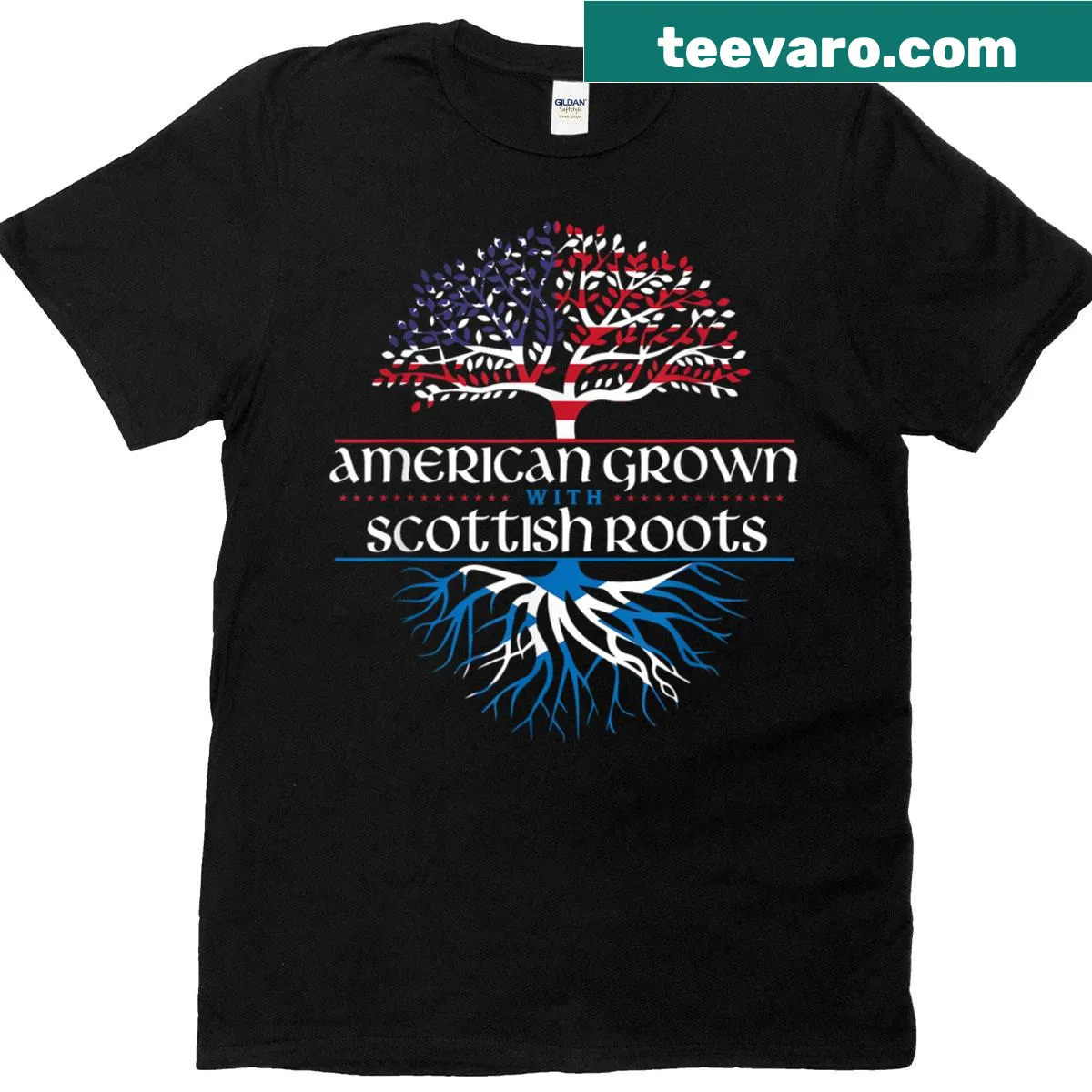 T-shirt showcasing American and Scottish heritage with silhouette design — on a men's t-shirt