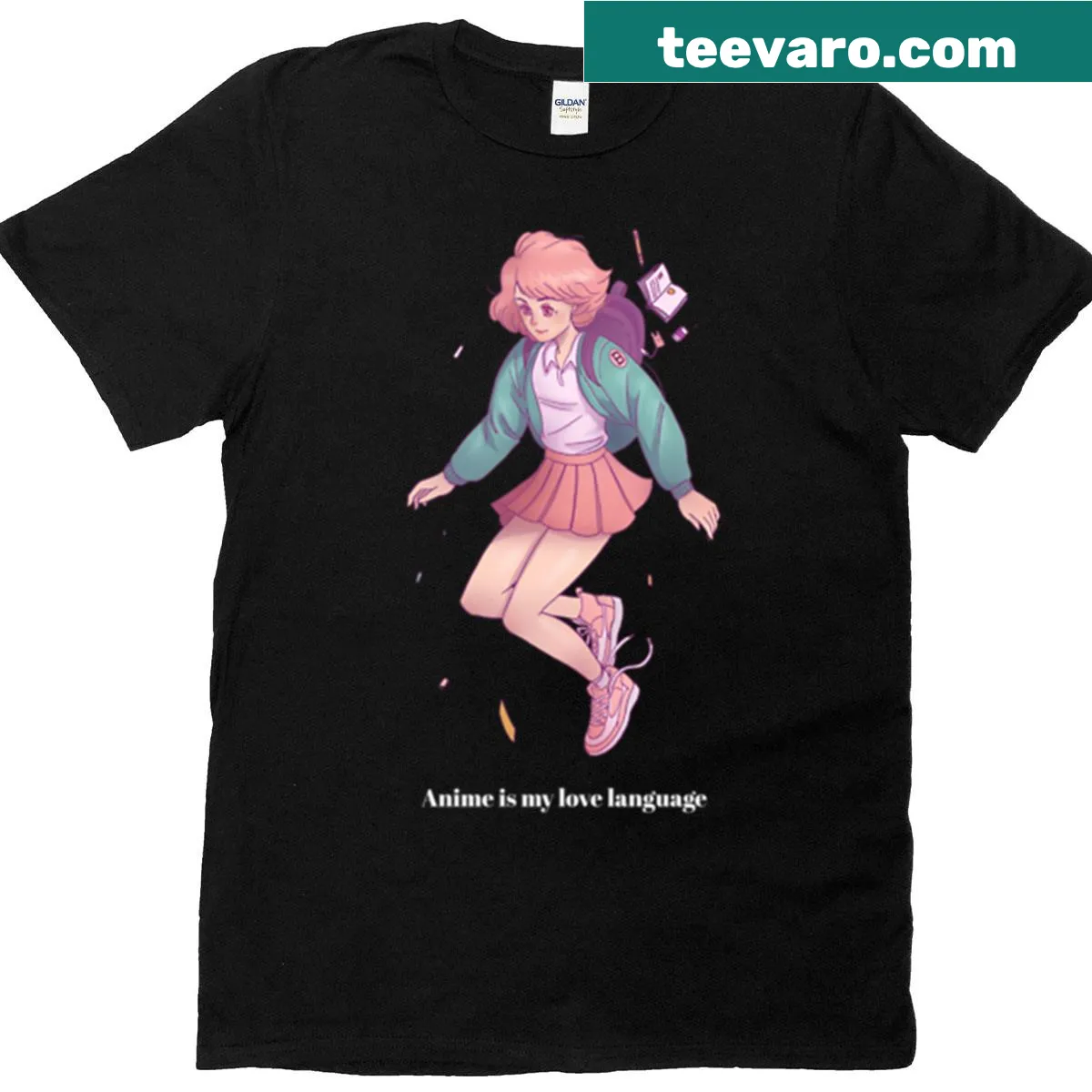 Playful Anime Is My Love Language t-shirt with whimsical text — on a men's t-shirt